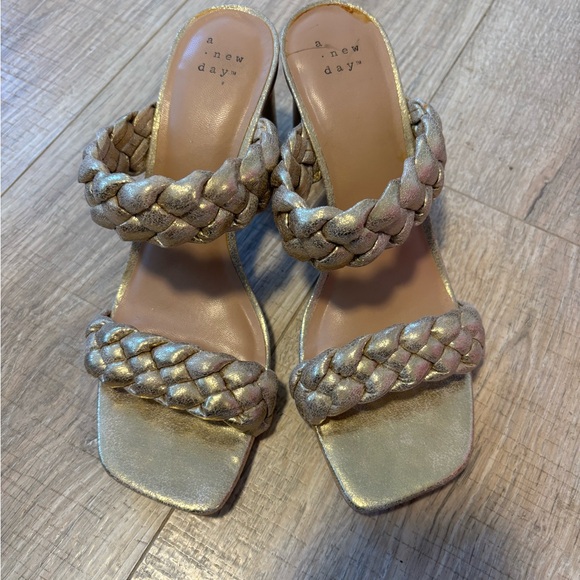 a new day Shoes - A New Day Metallic Gold Braided Heel Sandals - Women's